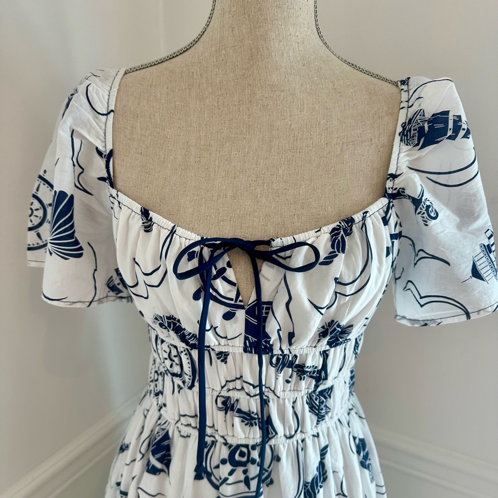 Tuckernuck’s Moon River Nautical Puff Sleeve Midi Dress XS 100% Cotton - Picture 2 of 11